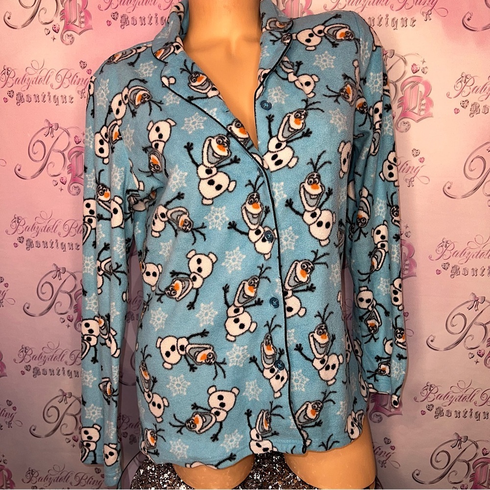 Disney Olaf PJ shirt button up long sleeve fleece soft cozy blue white orange